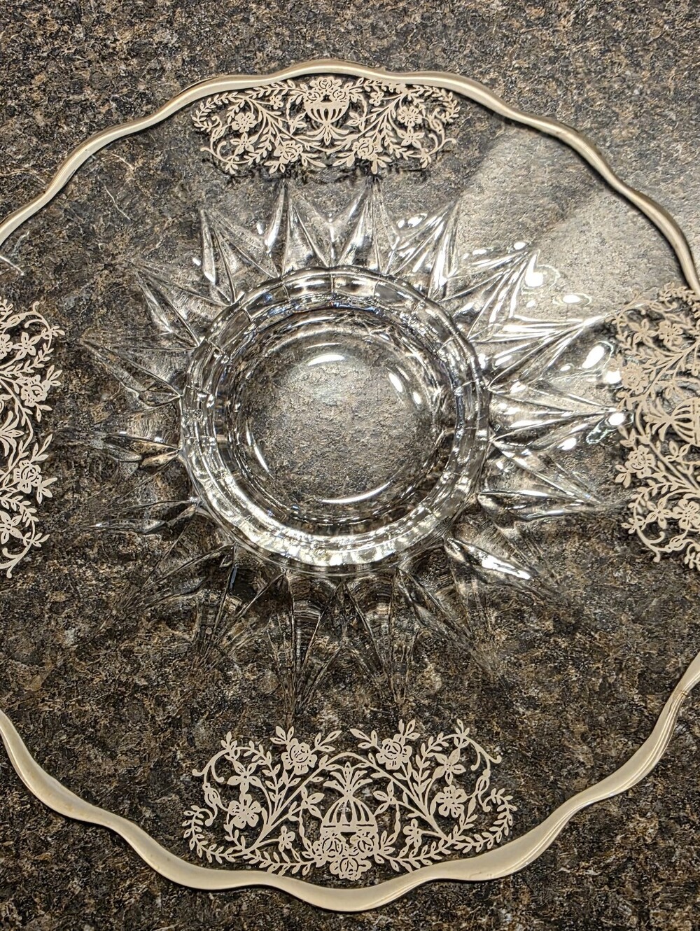 Beautiful Vintage pressed Glass Footed Cake Plate With Silver Scalloped Edge.